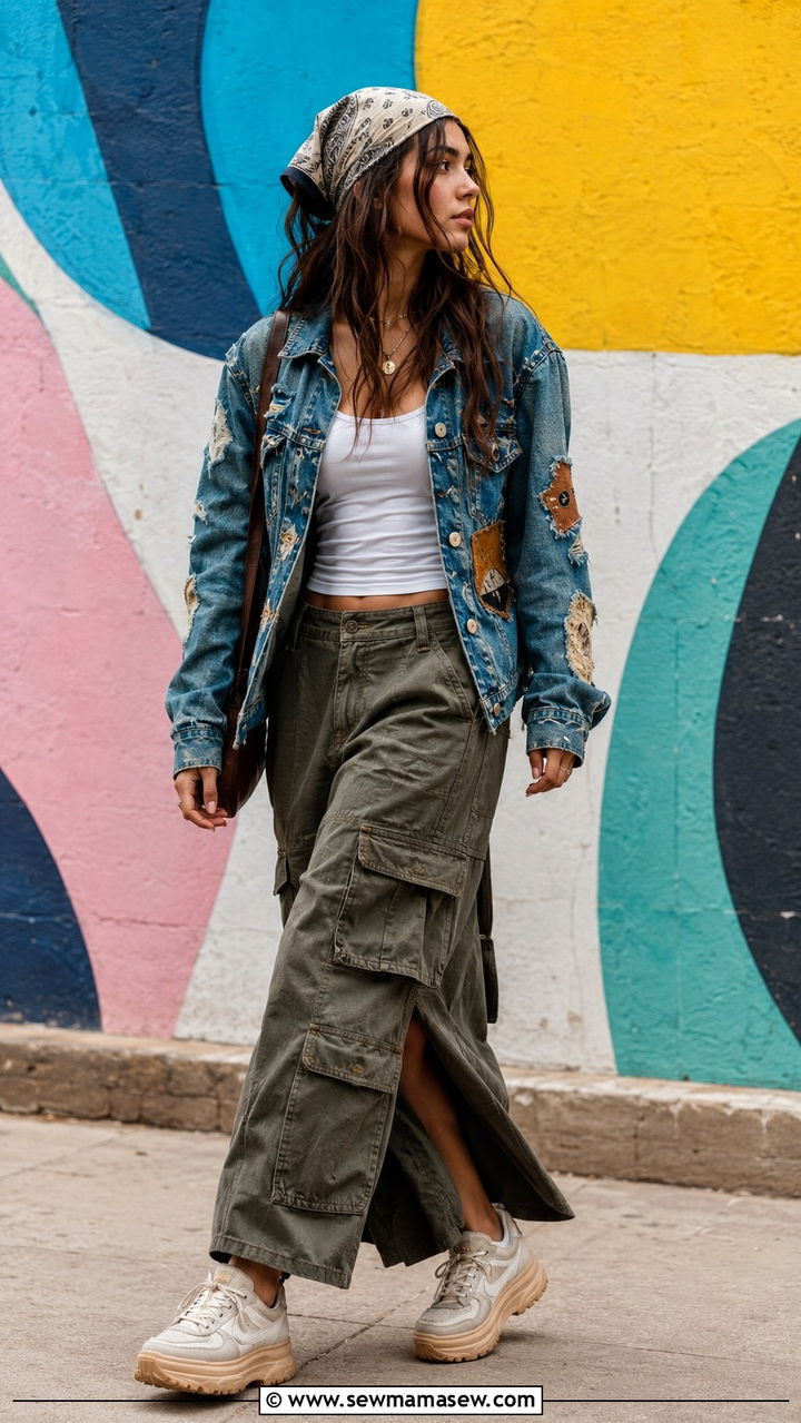 Patched denim jacket with cargo maxi skirt - 30 Indie girl outfit ideas