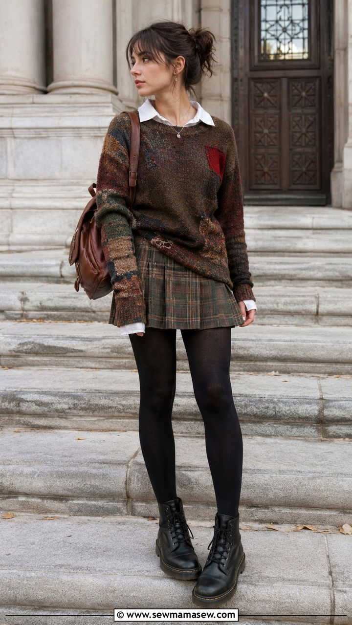 Patched sweater with a plaid skirt and doc martens - 30 Chaotic academia outfit ideas