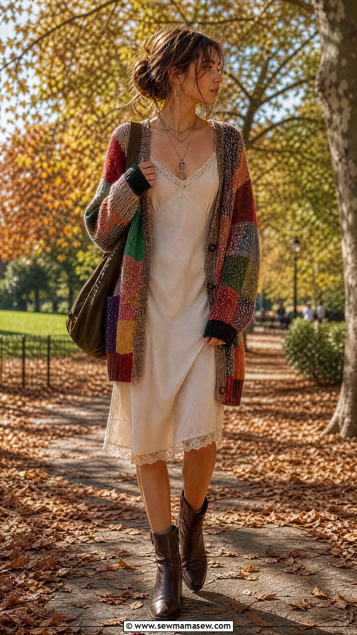 Patchwork Cardigan Layered Over Slip Dress - 25 Indie girl outfit ideas 2026