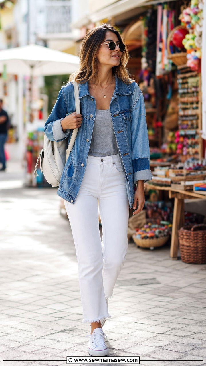 Patchwork Denim Jacket With Frayed White Jeans - 25 summer denim on denim outfit ideas