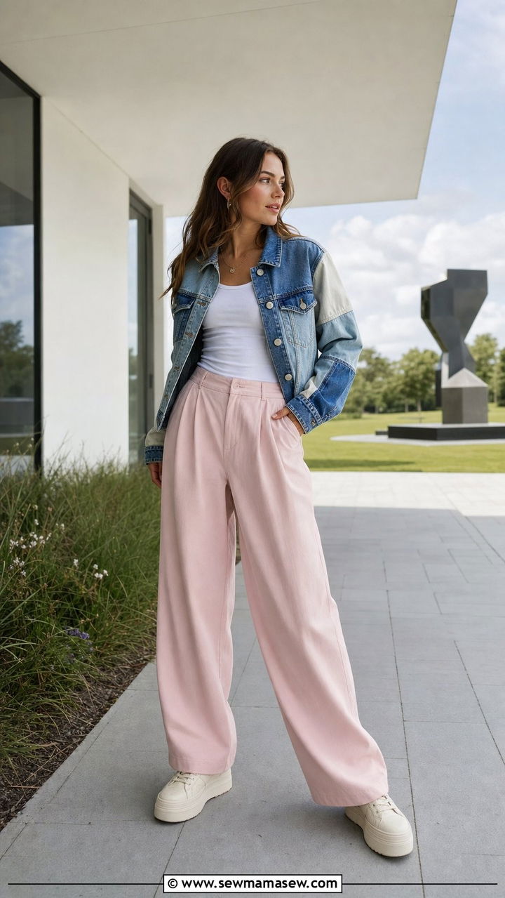 Patchwork Denim Jacket With Pastel Wide Leg Trousers - 25 cute Copenhagen outfits