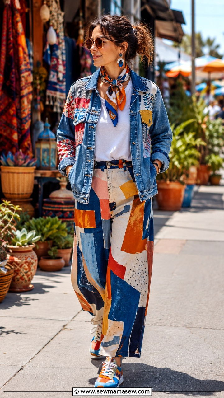 Patchwork Denim Jacket With Printed Trousers Maximalist Outfit - 20 cute maximalist outfits
