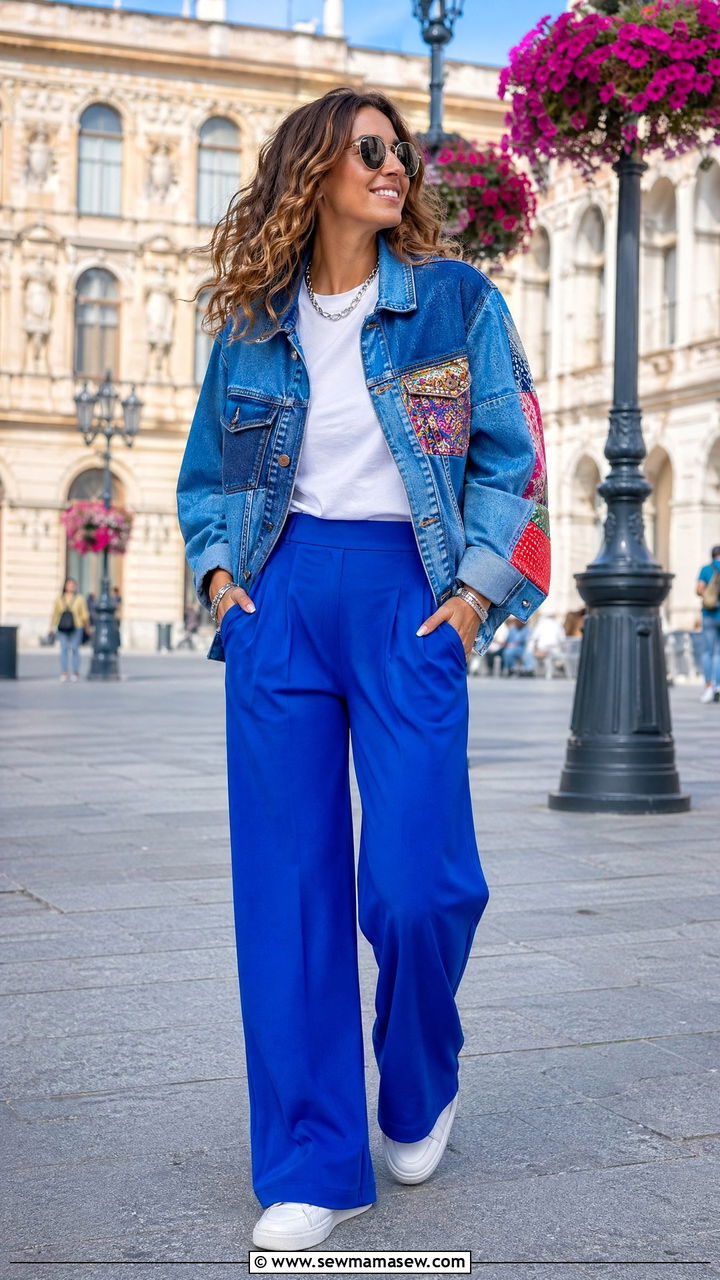 Patchwork Denim Jacket and Bright Trousers Outfit - 35 Dopamine dressing outfit ideas