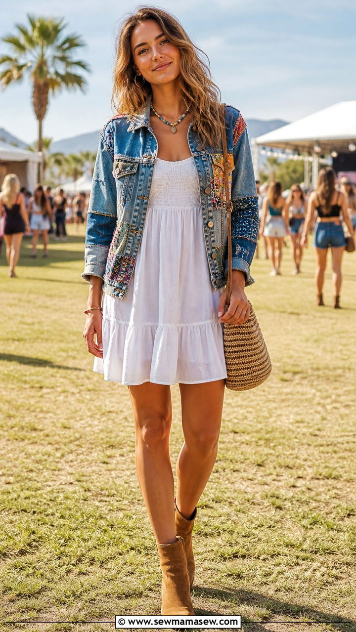 Patchwork Denim Jacket with White Sundress - 40 festival outfits for women