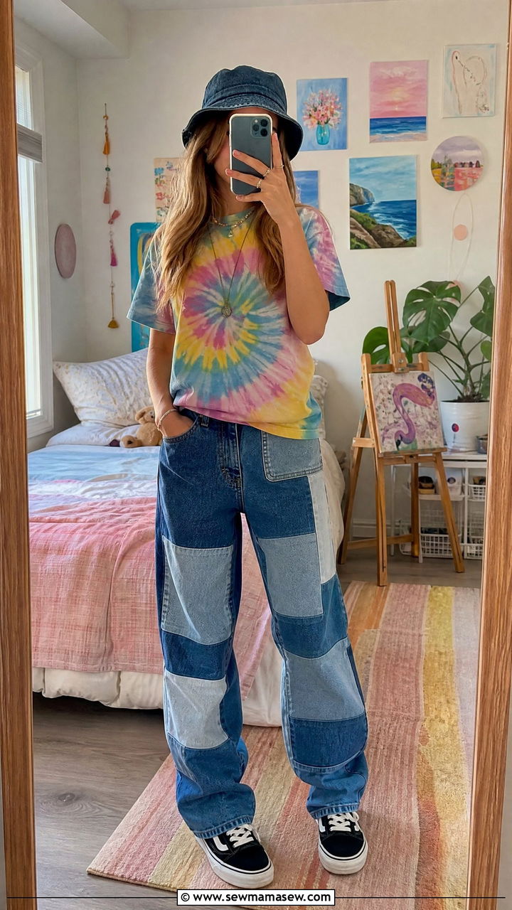 Patchwork Denim Jeans and Tie Dye Tee - 30 Trendy outfits for 17 year olds