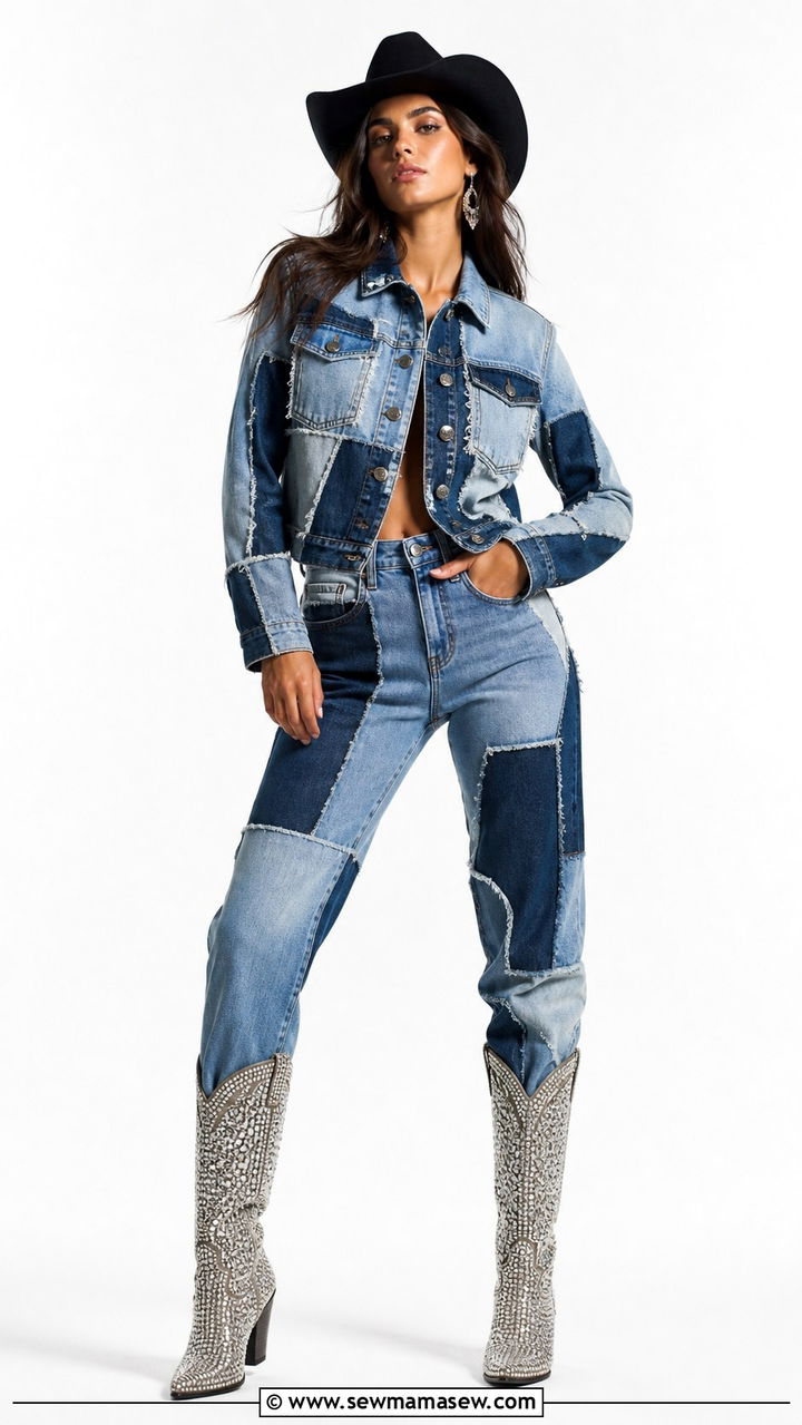 Patchwork Denim With Rhinestone Boots - 40 Beyonce Cowboy Carter outfit ideas