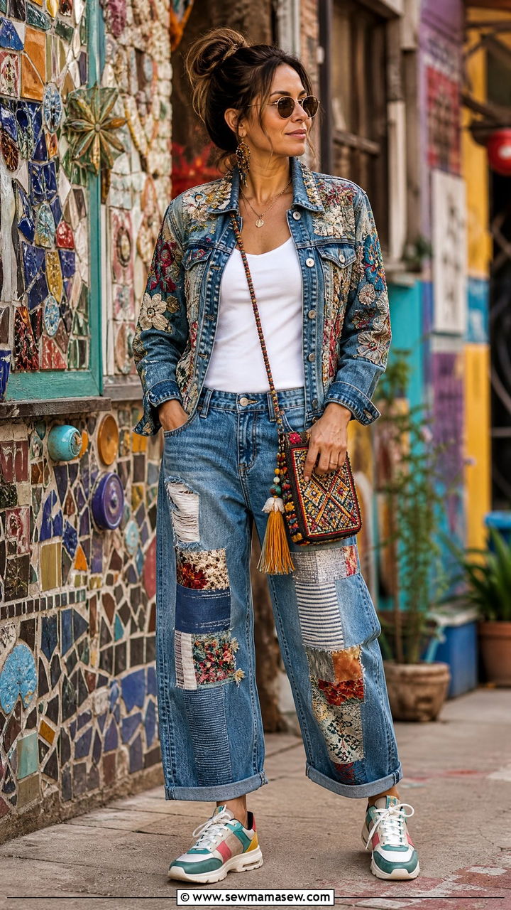 Patchwork Denim and Embellished Jacket Outfit - 35 maximalist outfits
