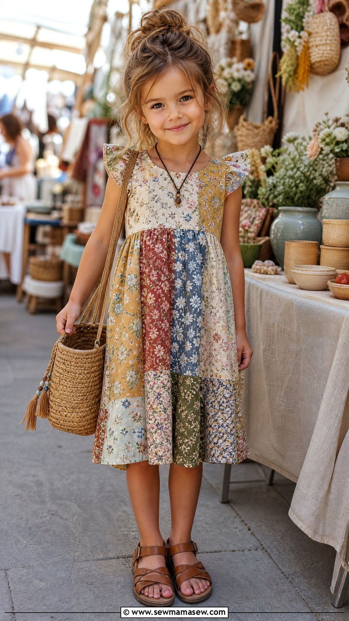 Patchwork Dress with Sandals - 30 Summer outfits for little girls