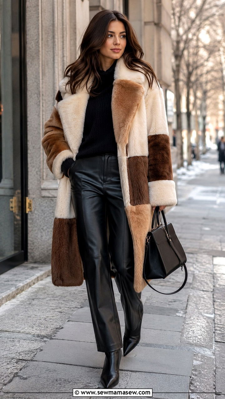 Patchwork Faux Fur Coat and Leather Trousers Outfit - 25 2026 outfits for women