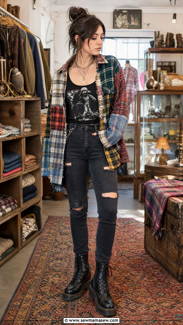 Patchwork Flannel with Band Tank and Distressed Jeans - 35 grunge outfit ideas for women