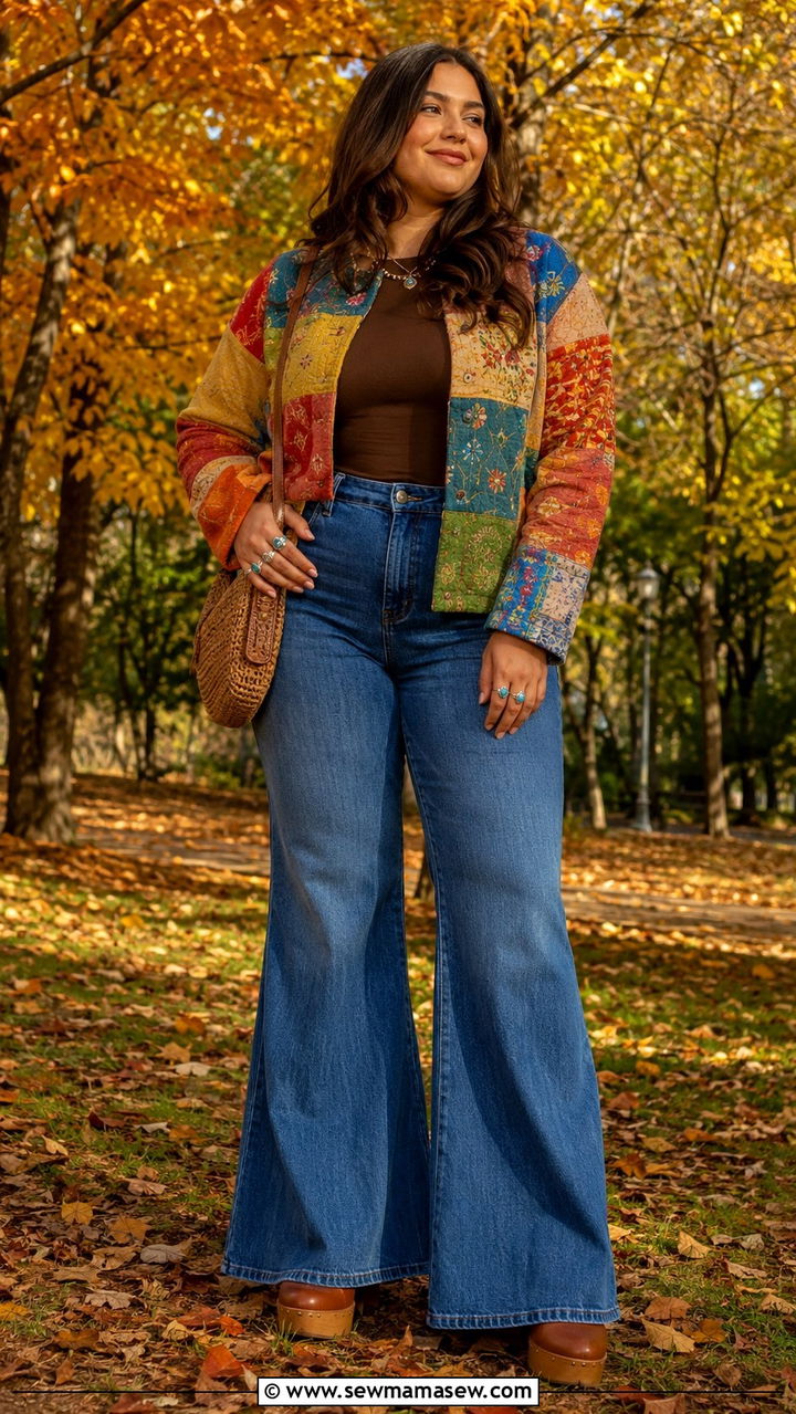 Patchwork Jacket And Flared Jeans Outfit - 30 Boho outfits for curvy women