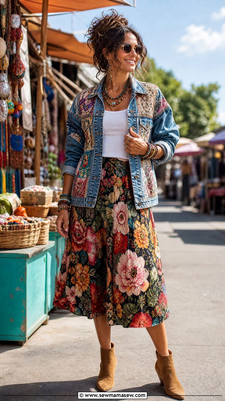 Patchwork Jacket with Bold Patterned Skirt Outfit - 35 maximalist outfits aesthetic
