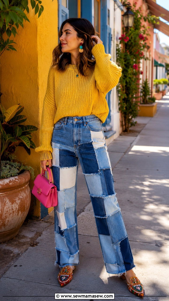 Patchwork Jeans With A Bright Knit Sweater And Colorful Flats - 30 casual maximalist outfits