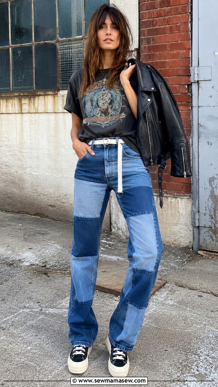 Patchwork Jeans With Vintage Band Tee Outfit - 25 70s outfit ideas 2026