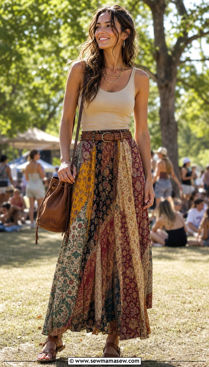 Patchwork Maxi Skirt And Solid Tank - 35 boho outfit ideas for women