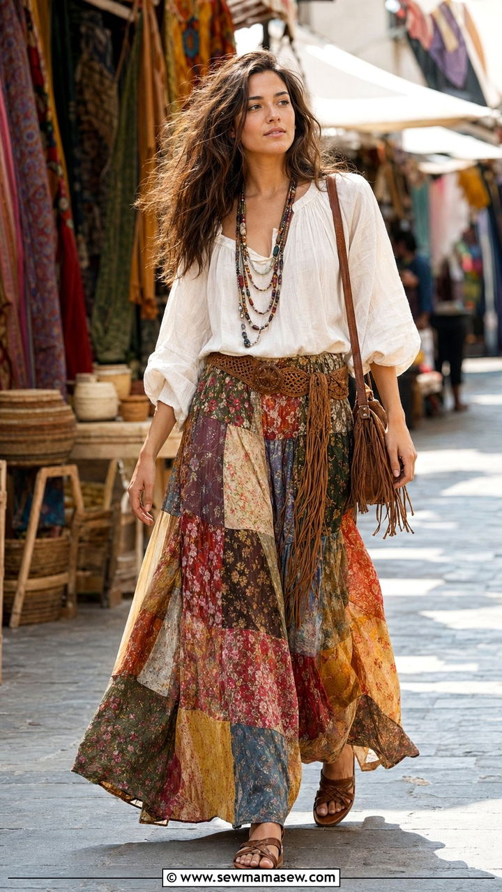 Patchwork Maxi Skirt With Blouse - 35 70s outfit ideas