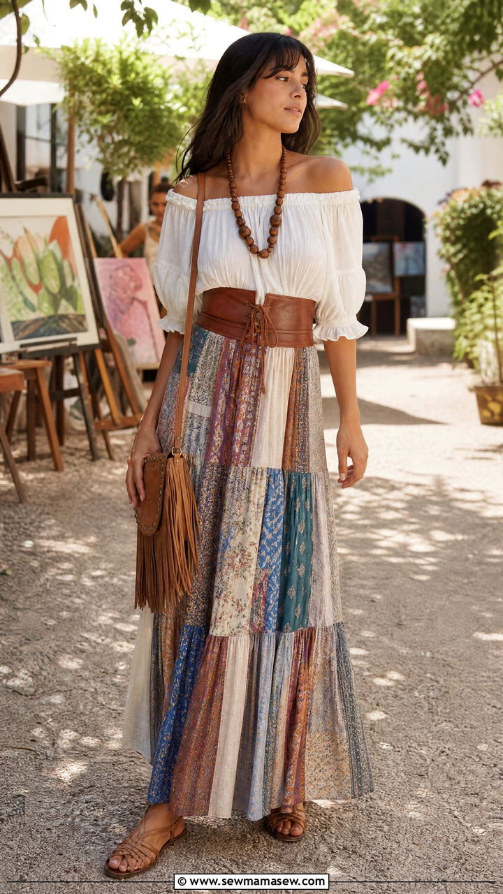 Patchwork Maxi Skirt and an Off Shoulder Blouse - 25 Boho outfit ideas 60s style
