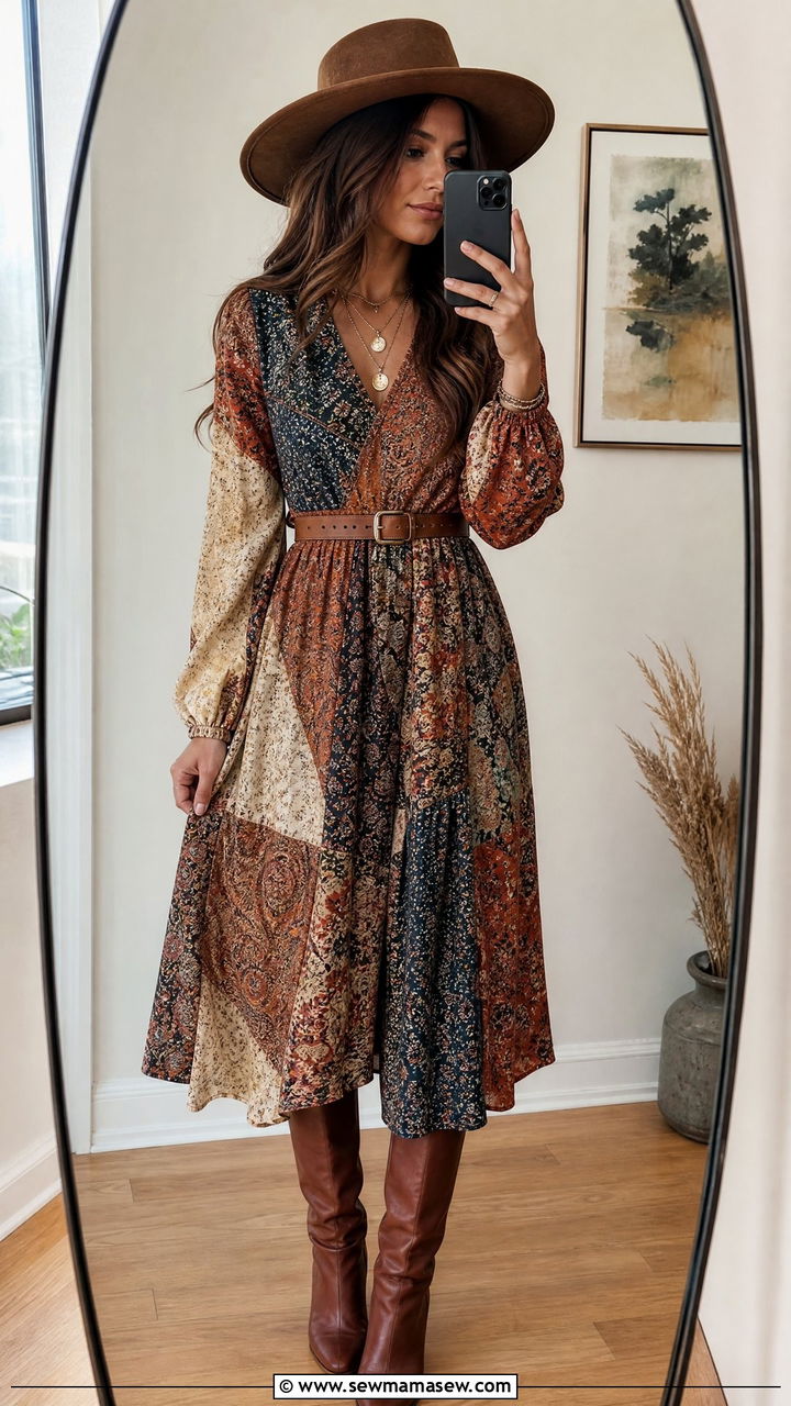 Patchwork Midi Dress And Knee High Boots With Wide Brim Hat - 25 Boho outfit ideas with wide brim hat