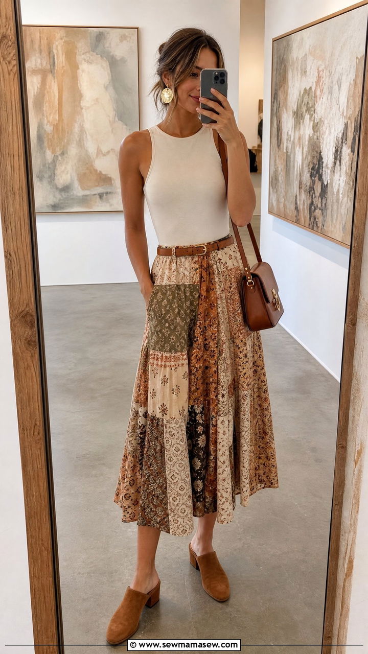 Patchwork Midi Skirt With Simple Bodysuit - 35 Modern boho outfit ideas
