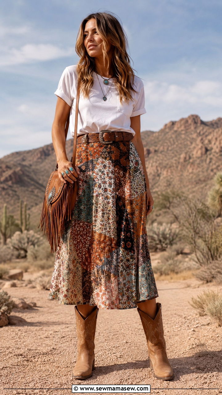 Patchwork Midi Skirt With Tee And Cowboy Boots - 25 Boho outfit ideas with midi skirt