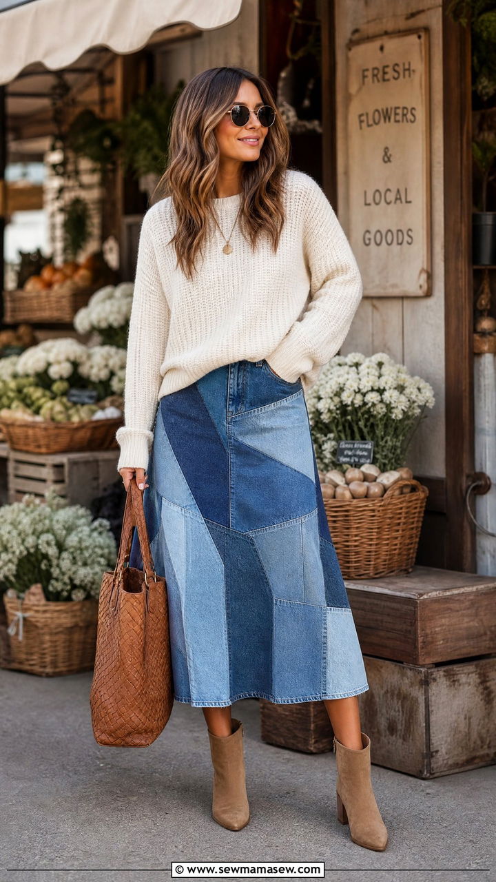 Patchwork Midi Skirt and Knit Top - 30 Fashion trends 2026 outfits