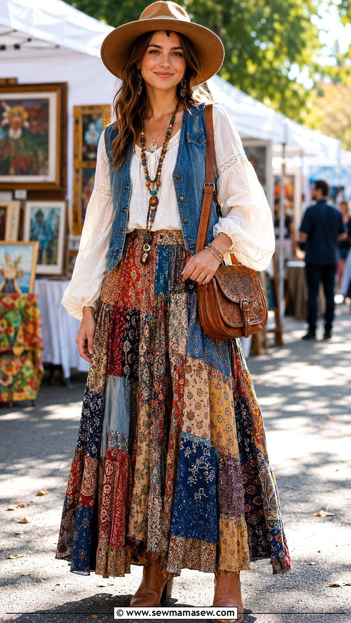 Patchwork Print Maxi Skirt With Denim Vest - 30 Modest outfit ideas boho
