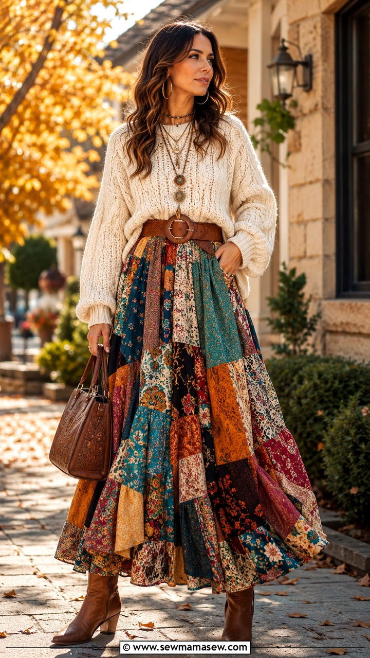 Patchwork Skirt With Chunky Knit Sweater And Ankle Boots - 30 maximalist outfits ideas