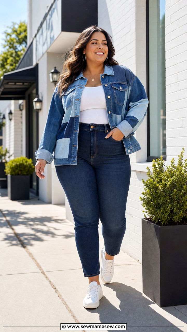 Patchwork and Printed Double Denim - 25 Double denim outfit ideas plus size