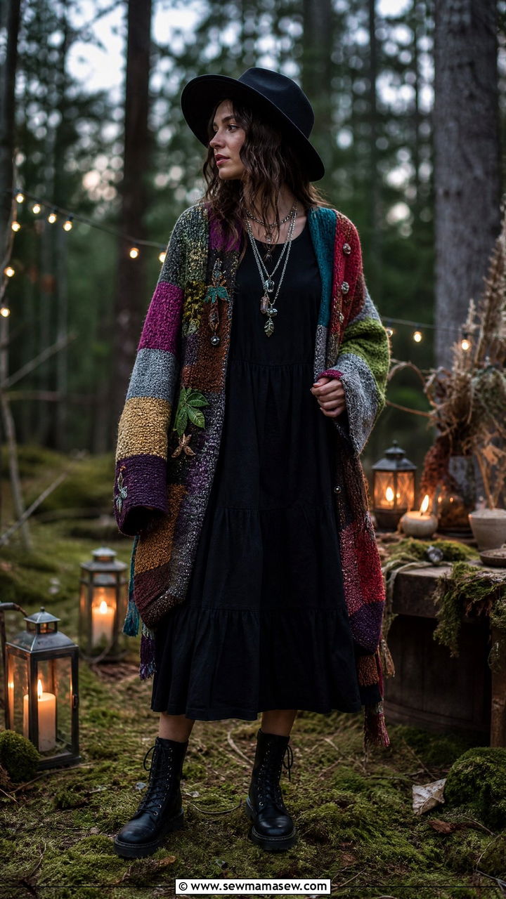 Patchwork cardigan and black midi dress with lace up boots - 30 Goblincore outfit ideas