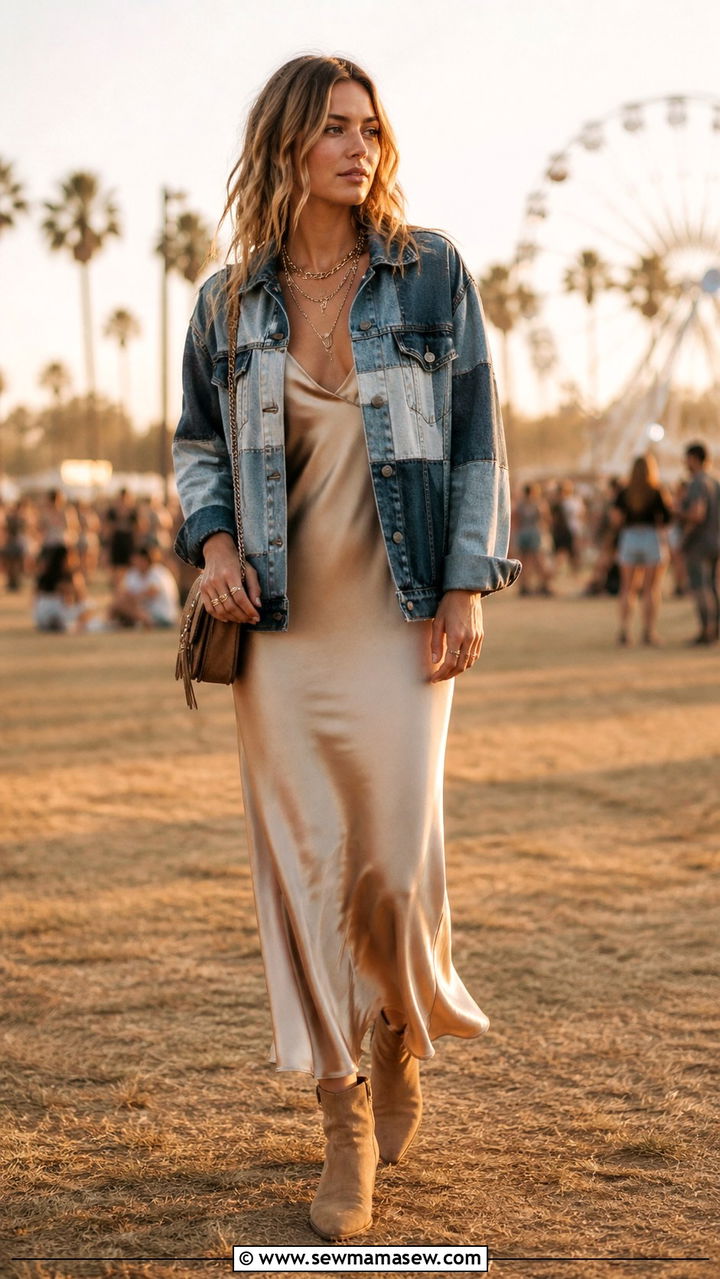 Patchwork denim jacket over a slip dress - 40 festival outfits ideas