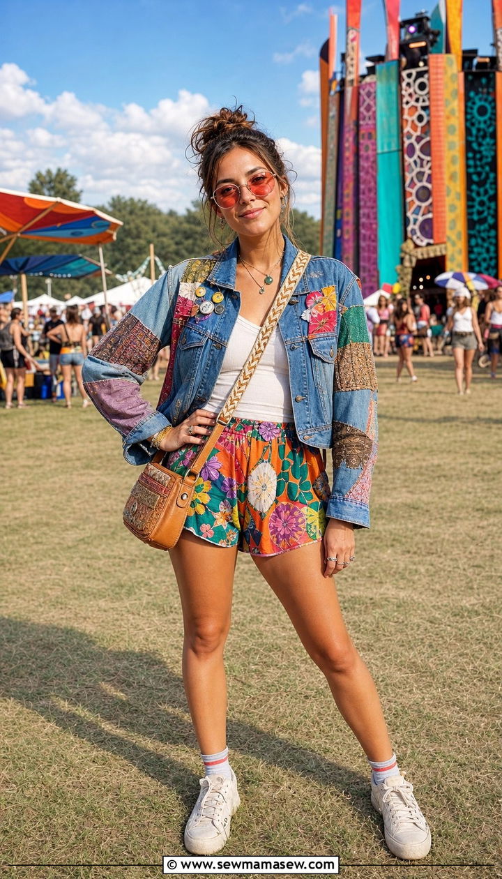 Patchwork denim jacket with printed shorts - 35 Bonnaroo outfit ideas