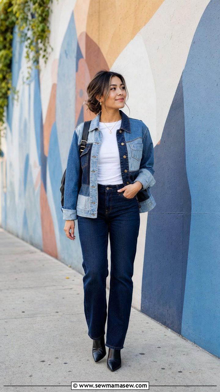 Patchwork denim jacket with solid dark wash jeans - 25 Double denim outfit ideas petite