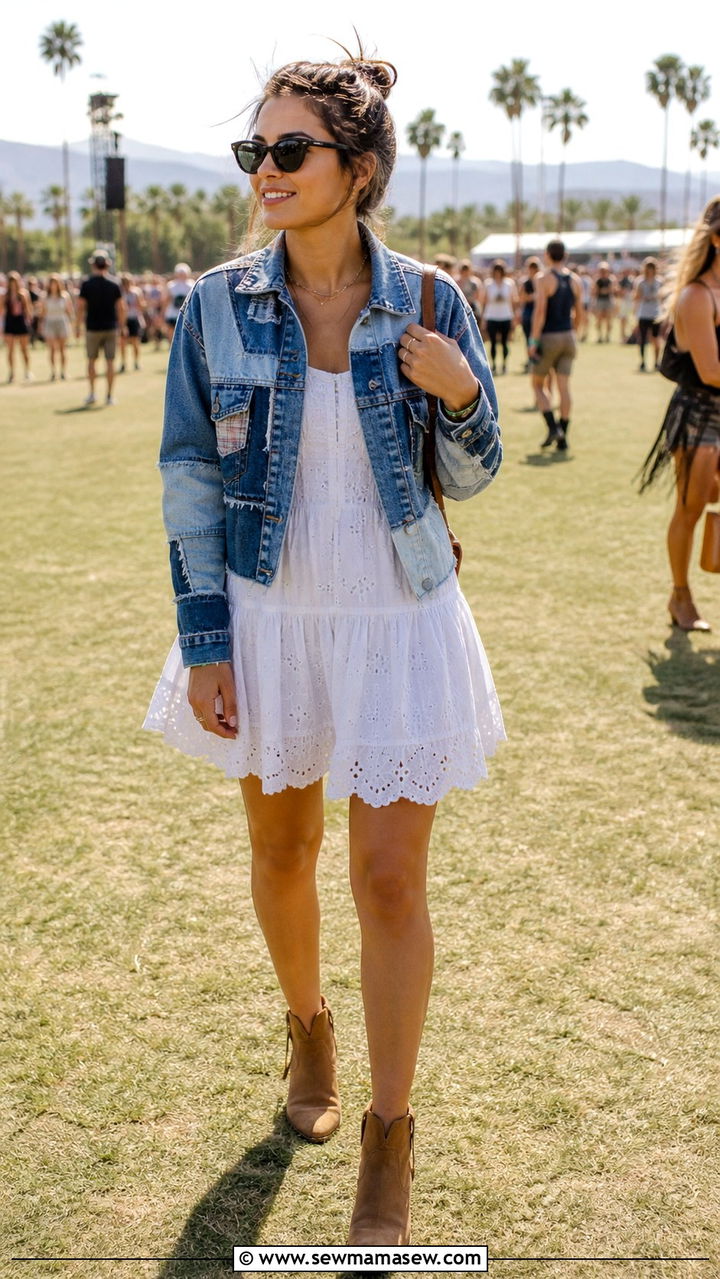 Patchwork denim jacket with white sundress - 40 Hot weather festival outfit ideas