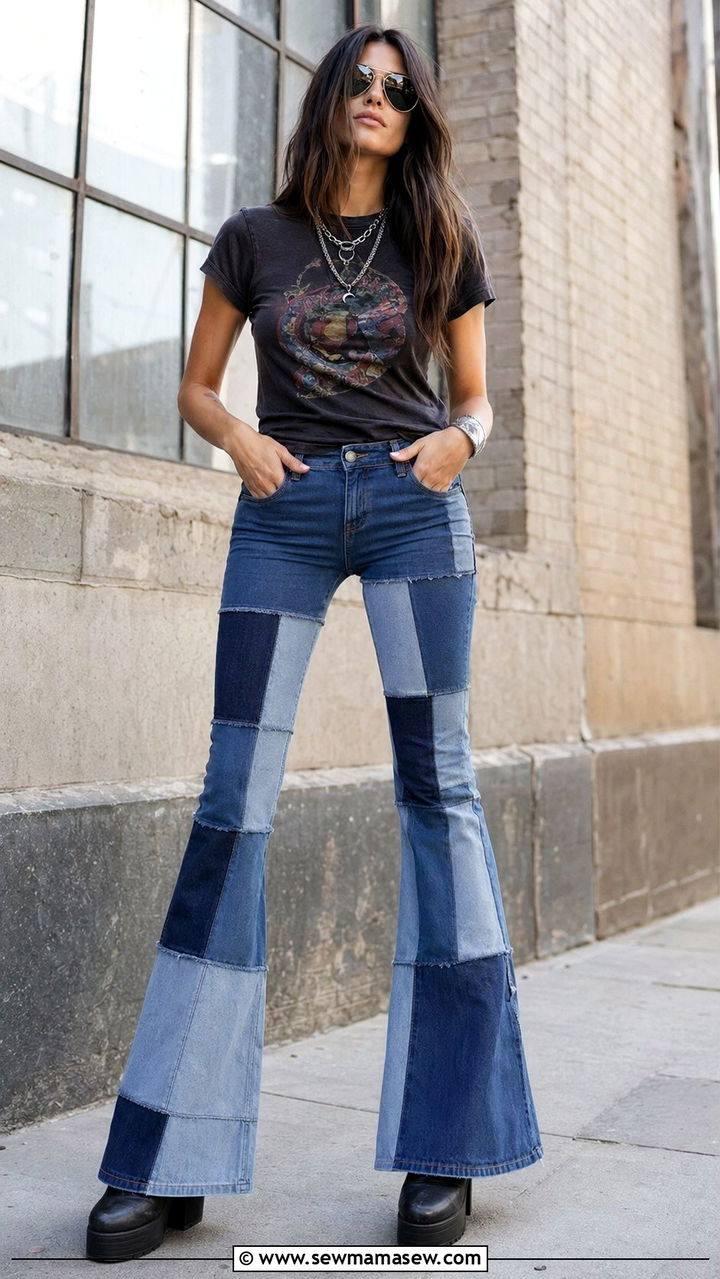 Patchwork denim jeans with vintage band tee outfit - 35 70s inspired outfits