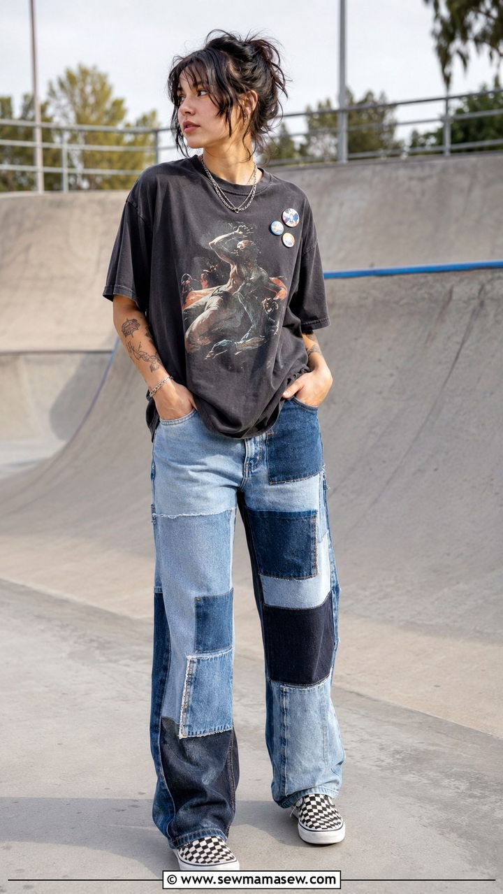 Patchwork denim with graphic tee and checkerboard slip ons - 30 grunge outfits to copy