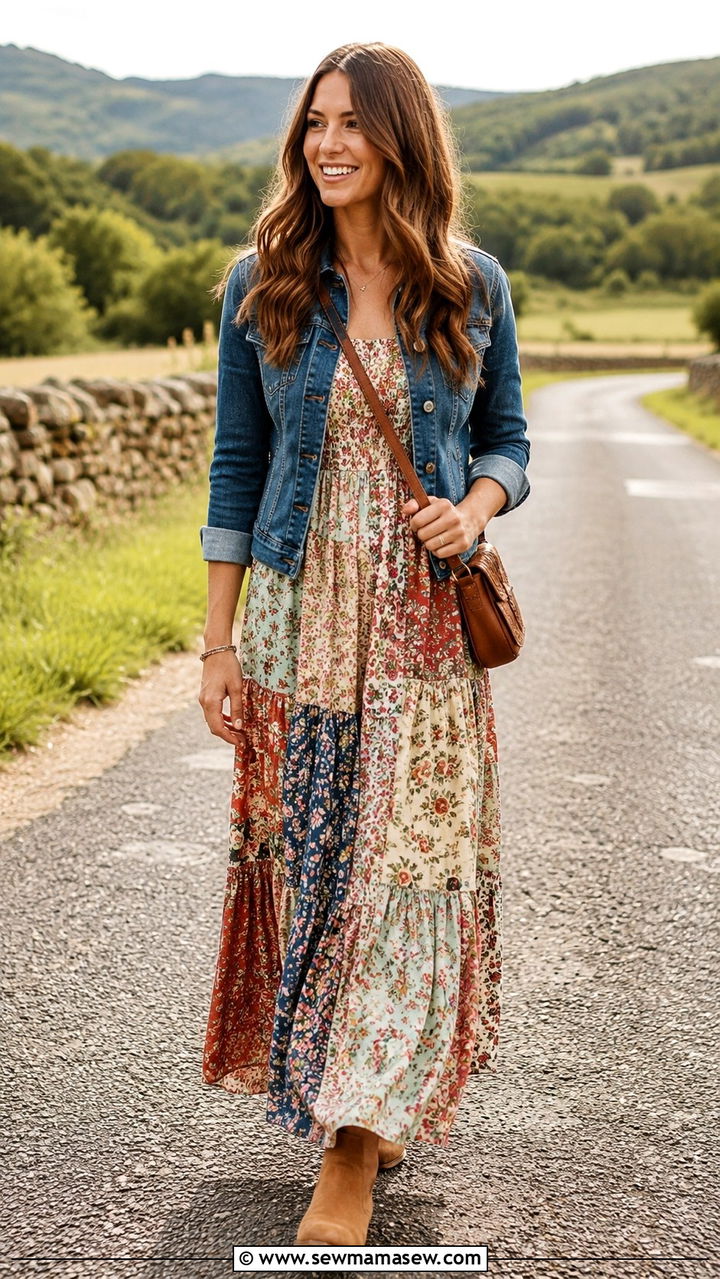 Patchwork floral maxi dress with denim jacket - 30 spring cottagecore outfit ideas