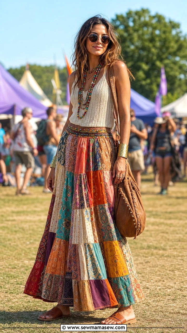 Patchwork maxi skirt with knit tank top - 35 Bonnaroo outfit ideas