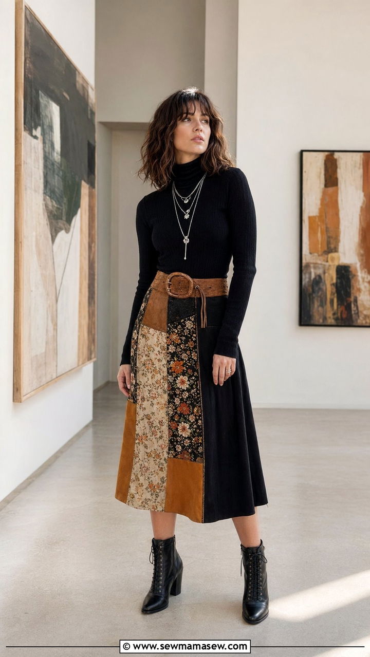 Patchwork midi skirt with lace up boots outfit - 35 70s inspired outfits