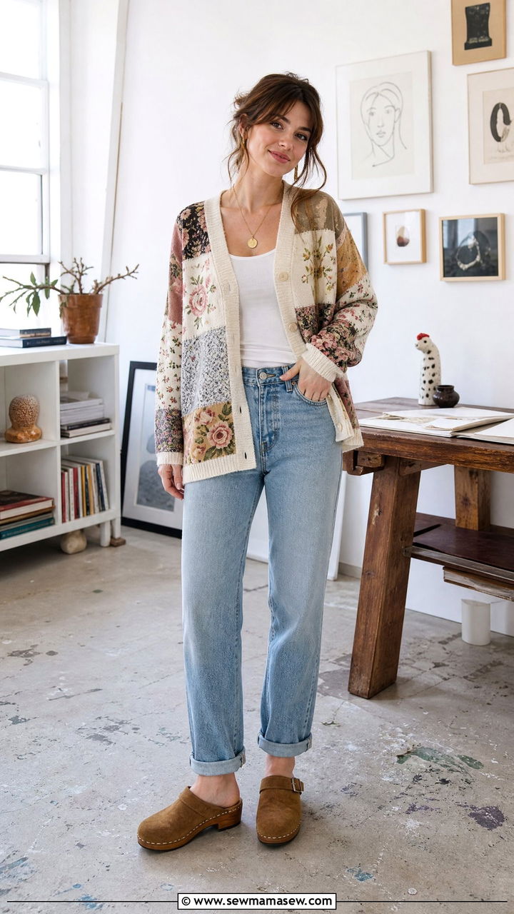 Patchwork or printed cardigan with mom jeans and clogs - 30 Mom jeans outfit ideas with a cardigan