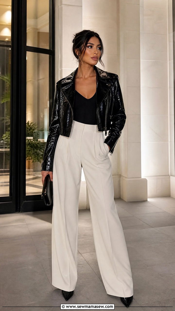 Patent Leather Jacket With Wide Leg Pants Outfit - 25 chic leather jacket outfit ideas