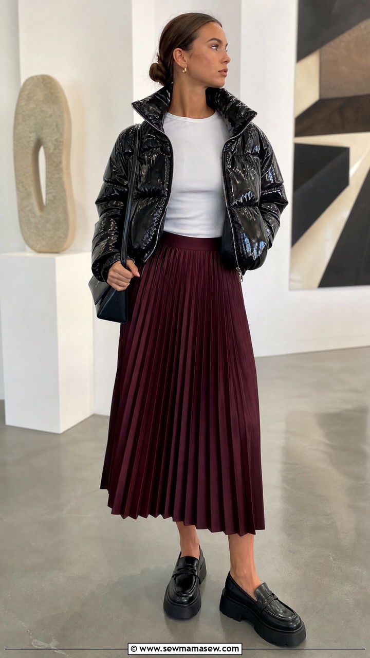 Patent finish puffer with pleated midi skirt and platform loafers - 25 Spring outfits with puffer jacket