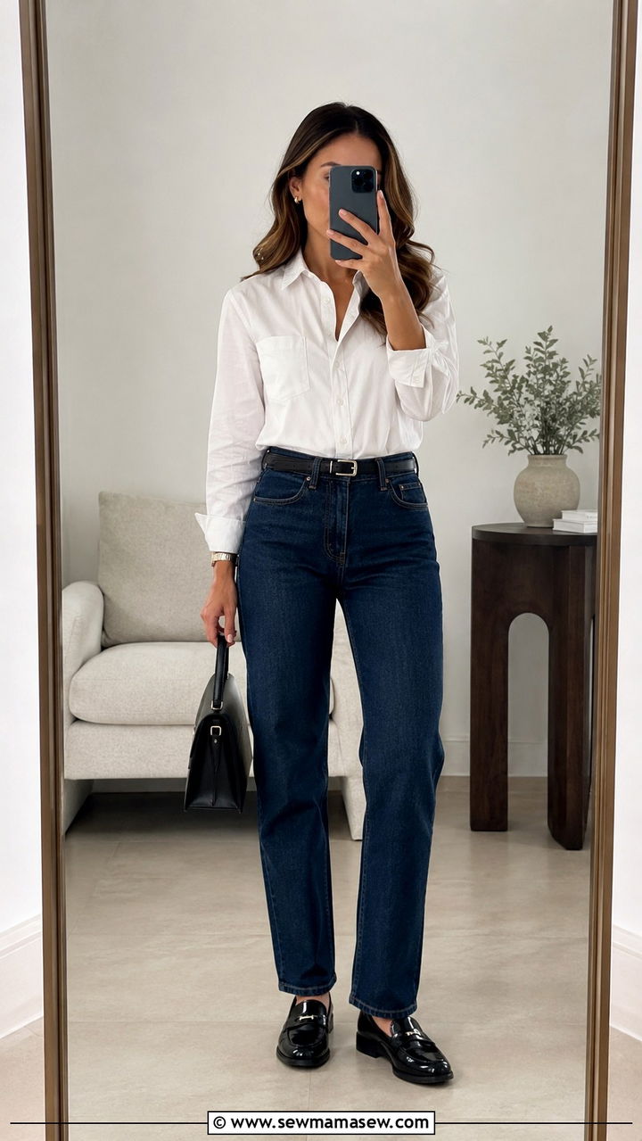 Patent leather loafers with straight leg jeans and a button down shirt - 30 Straight leg jeans outfit ideas with flats