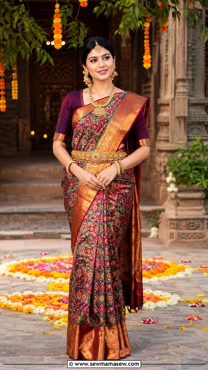 Patola silk saree with temple jewellery - 30 Navratri outfit ideas