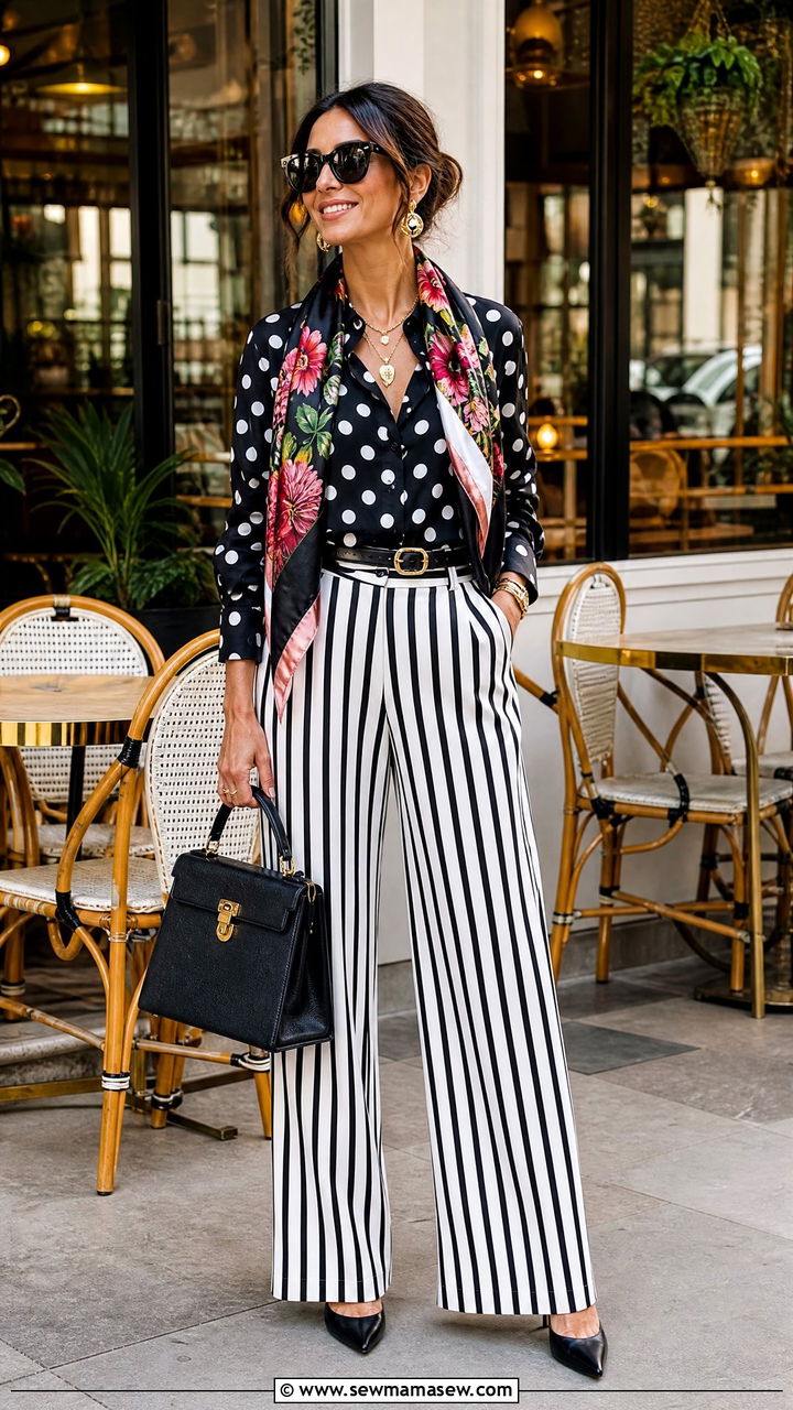 Pattern Frenzy Polka Dot Shirt with Striped Trousers Outfit - 35 maximalist outfits aesthetic