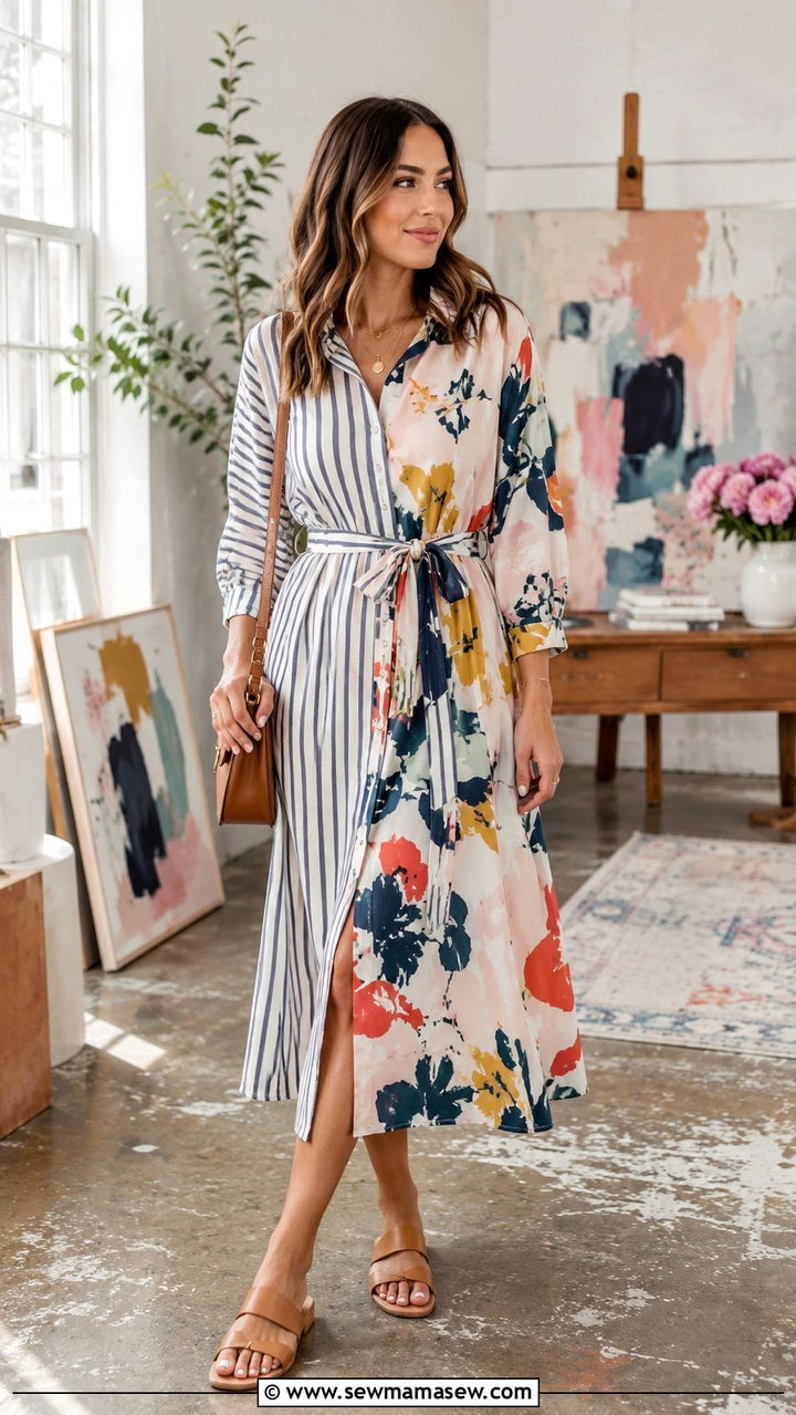 Pattern Mix Shirt Dress With Contrast Accessories - 30 Spring outfits with shirt dresses