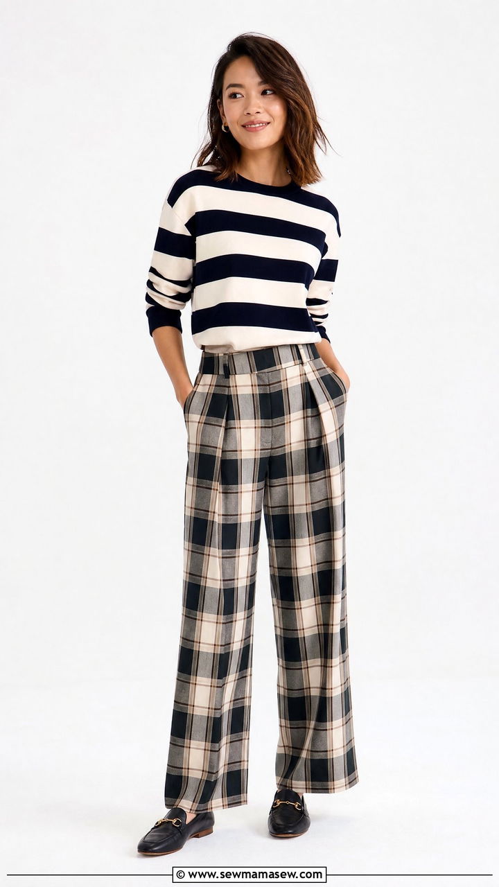 Pattern clash setstriped top and plaid trousers with loafers - 25 Petite outfit ideas to avoid