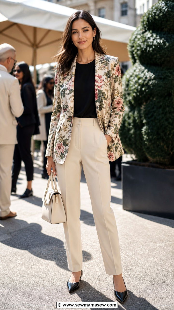 Patterned Blazer With Solid Pieces Outfit - 40 blazer outfits ideas