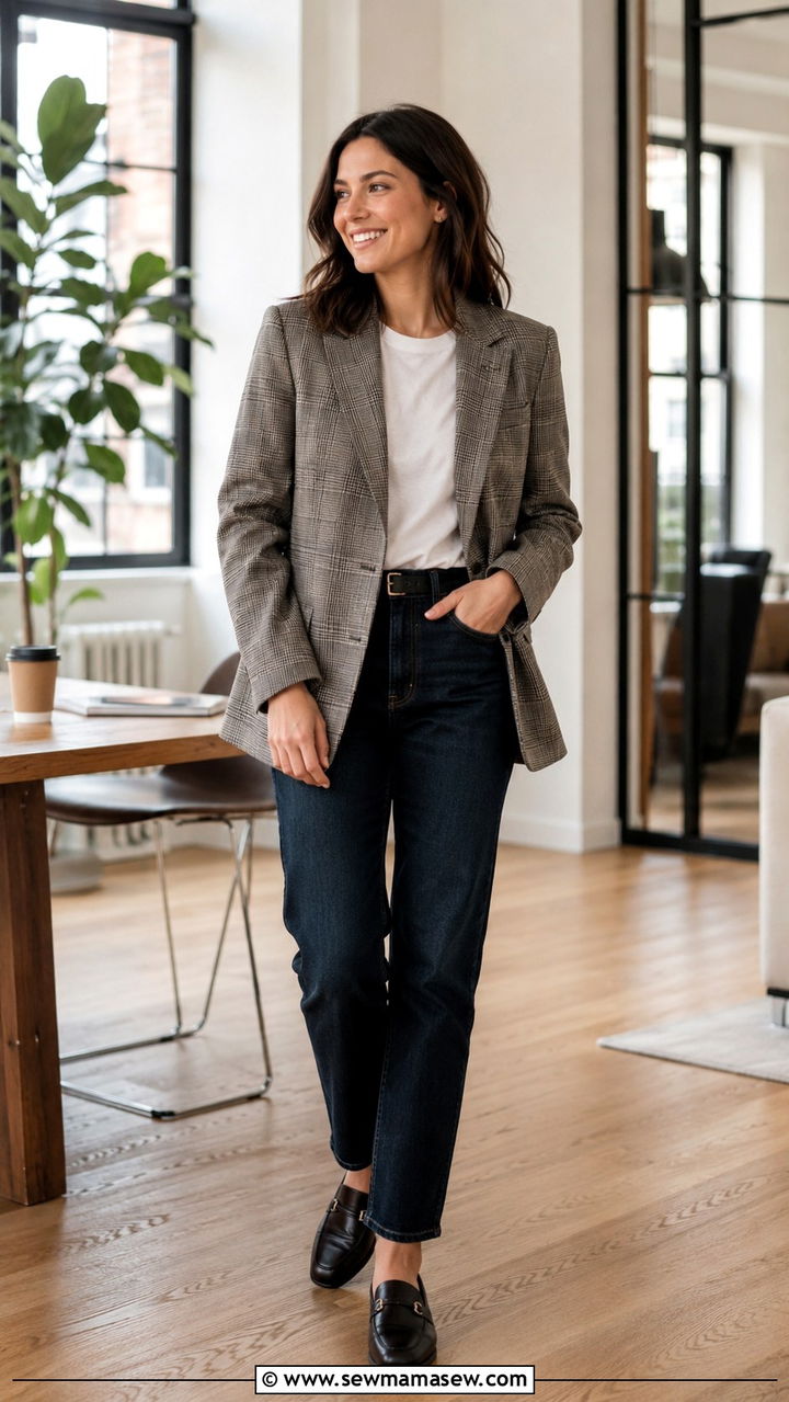 Patterned Blazer With White Tee And Dark Wash Jeans - 30 Preppy work outfits