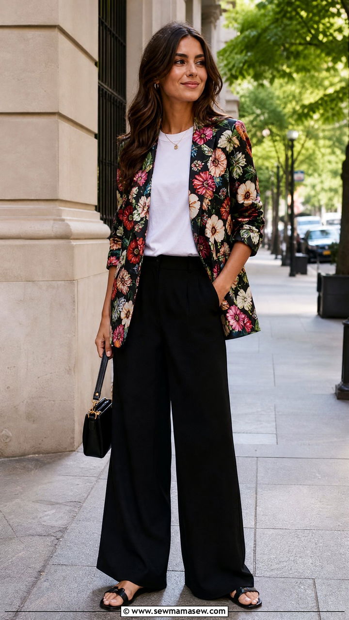 Patterned Blazer with Neutral Separates and Minimal Accessories - 25 chic blazer outfit ideas