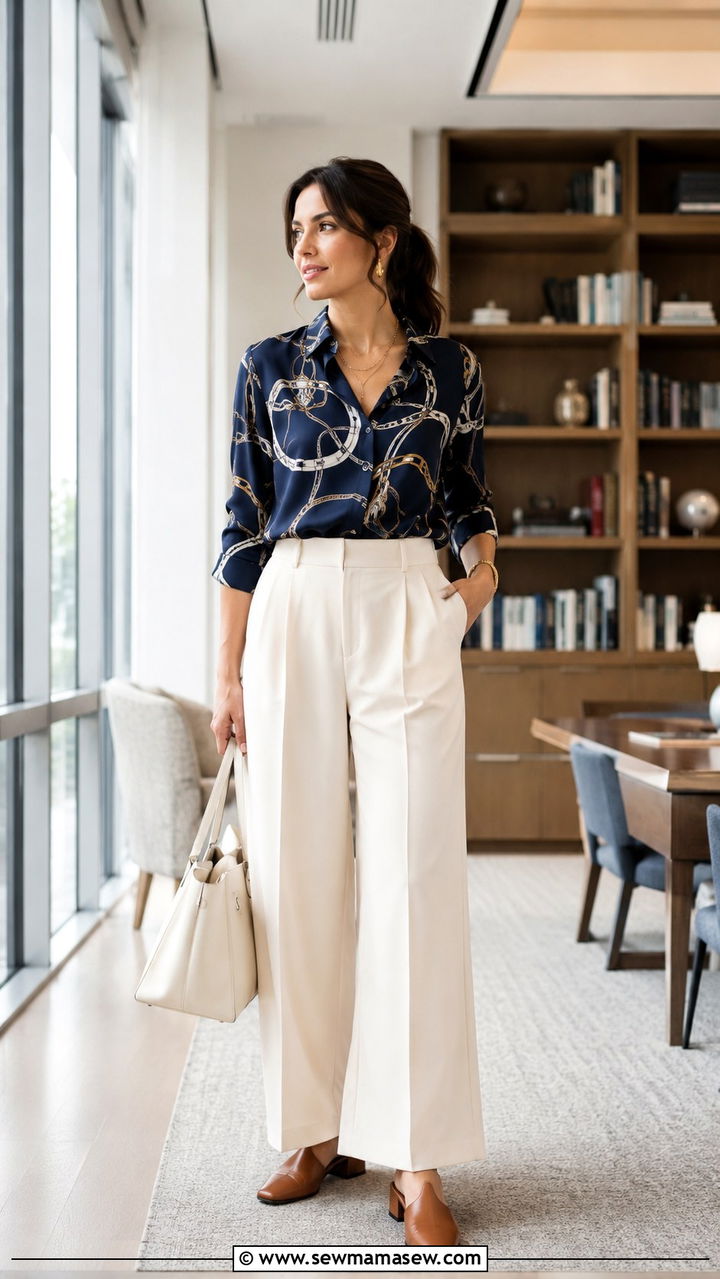 Patterned Blouse And Wide Leg Trousers Outfit - 30 Law student outfit ideas